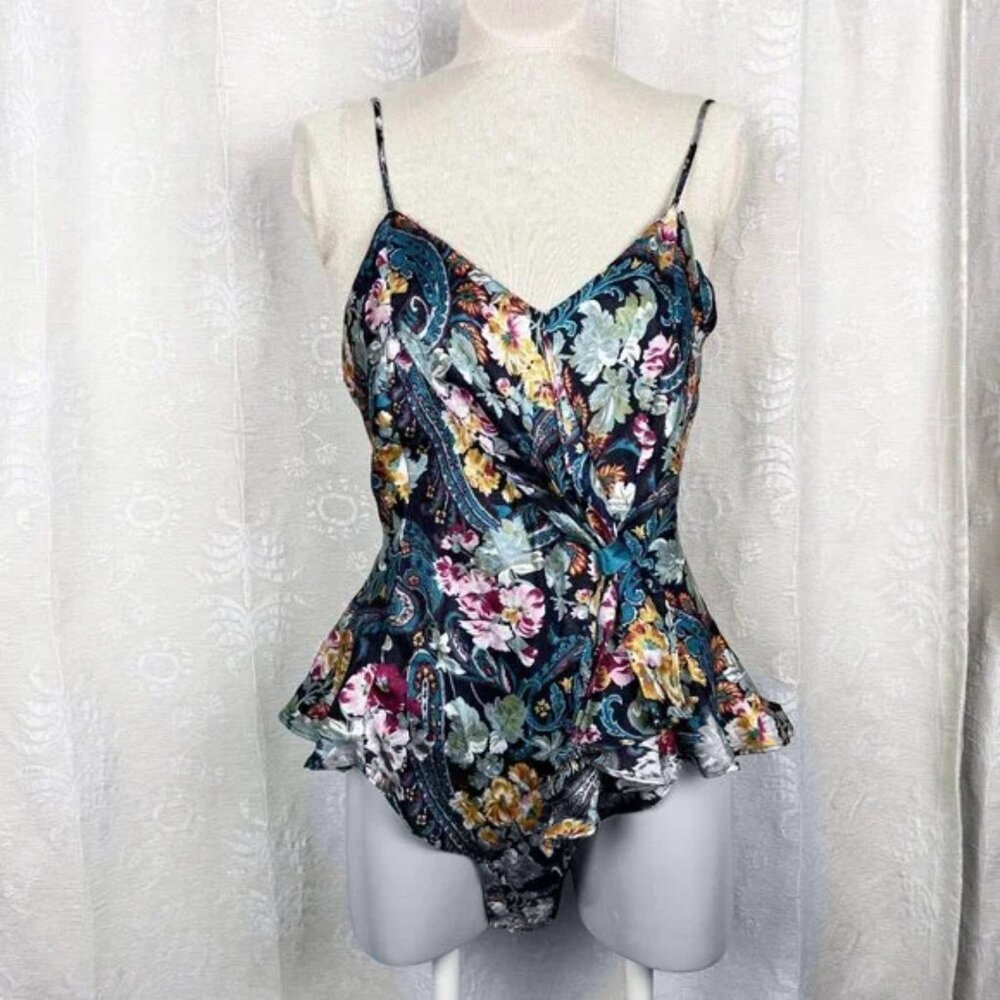 Vintage Victoria's Secret gold label floral paisley satin teddy bodysuit ruffle